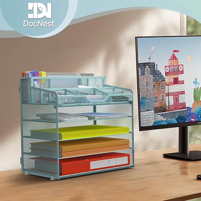 Docnest 5 Tier Mesh Desk Organizer for Paper Office Supplies – Multi-Functional Letter Tray with 5 Adjustable Compartments, 3 Pen Holders, Desktop Storage for Files, Mail, Stationery – Blue