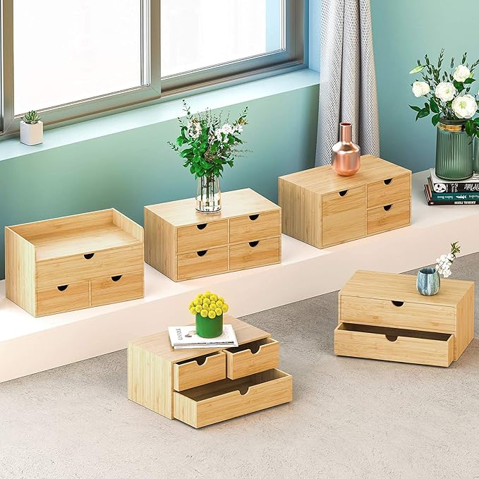Wisuce Bamboo Desk Organizer - Mini Desktop Drawer Tabletop Storage Organization Box for Office Home Toiletries Supplies, No Assembly Required (4 Drawer)