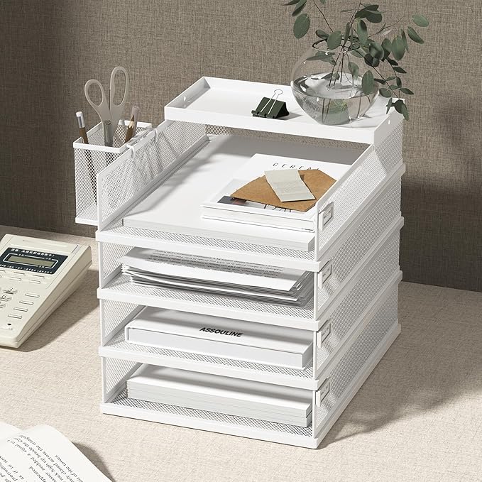 Stackable Letter Trays, 4 Tier Metal Paper Tray & Desk Organizer, Stackable File Trays for Office & Home, Multi-Functional Document Tray with Fine Grid Design & Magnetic Labels,White