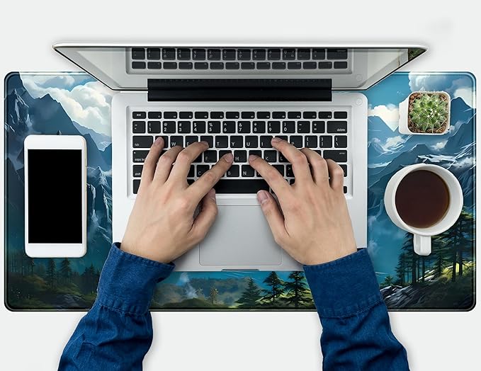 Aesthetic Mountain Vista Desk Mat, Blue Natural Wonder XXL Large Extended Gaming Mouse Pad Mat Non-Slip Mousepad, Computer Keyboard and Mouse Mat, Desk Pad with Stitched Edges, 31.5x15.75 in