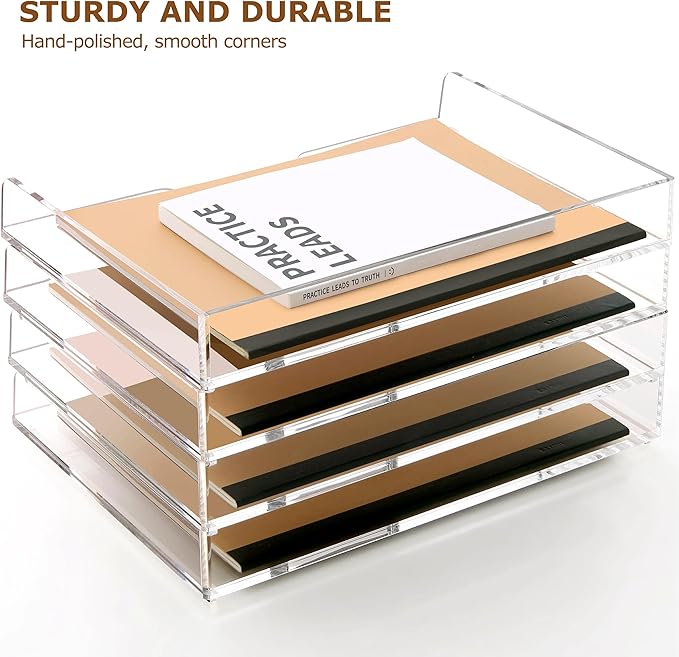 SANRUI 4 Tier Acrylic Paper Letter Tray Desk Stackable Organizer Trays,Clear Enlarged A4 Stackable File Document Tray, Workspace Office Supplies Organizers and Accessories Sorter,13.82inx9.29inx6.7in