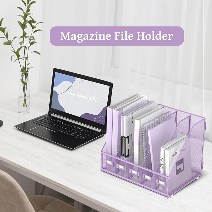 SUPEASY Desk Organizers Metal Desk Magazine File Holder with 5 Vertical Compartments Rack File Organizer for Office Desktop, Home Workspace, Purple