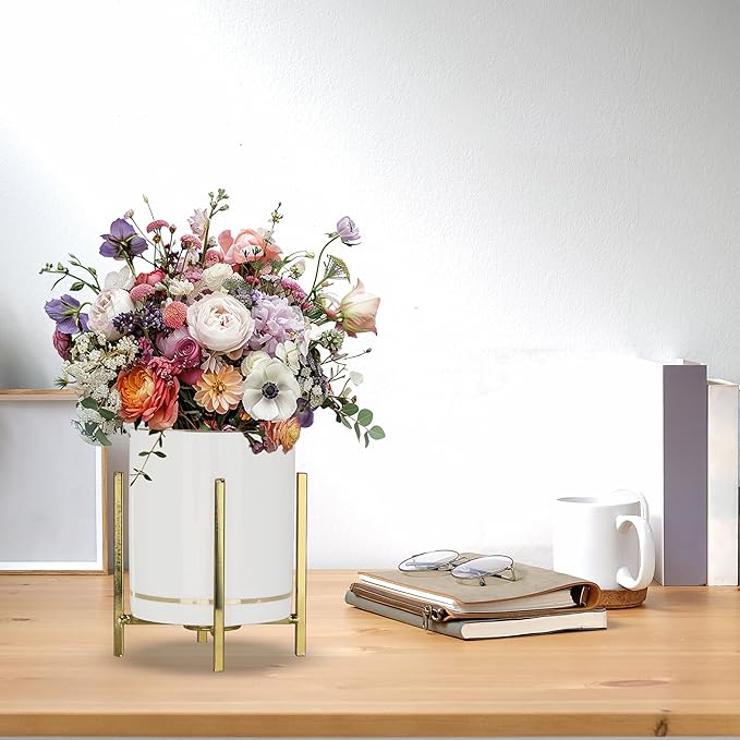 Gold Pen Holder for Desk Aesthetic, Ceramic Pencil Cup with Metal Legs, Makeup Cup for Brushes, Desk Decor for Women Girls