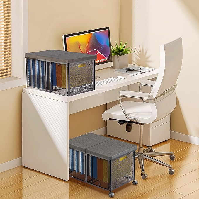 File Organizer Box, Large File Box for Hanging Letter/Legal Size File, File Folder Storage Box with Wheels, Decorative File Box for Office/Decor/Home, Metal (2 Pack)