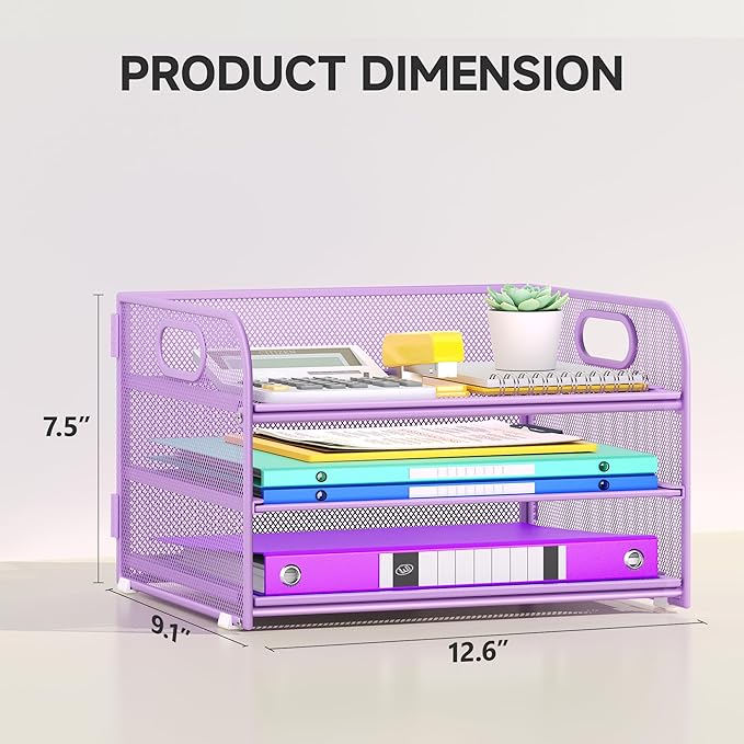 3 Tier Paper Organizer with Handle, Metal Desk Organizer Mesh Paper Letter Tray Desktop File Folder Document Sorter for Classroom, School, Office Accessories Organization and Storage - Purple