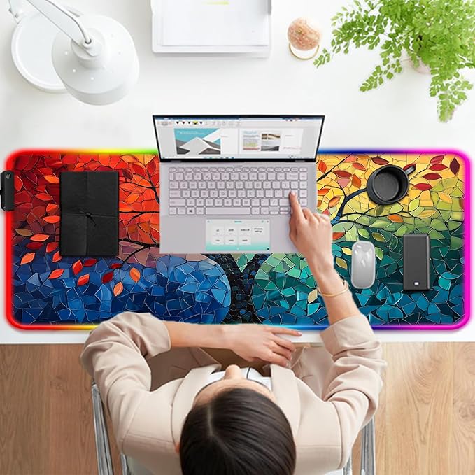 RGB Fantasy Tree of Life Gaming Desk Mat, Computer Keyboard Large Extended Long Abstract LED Mouse Pad for Office and Home, XL (W04)