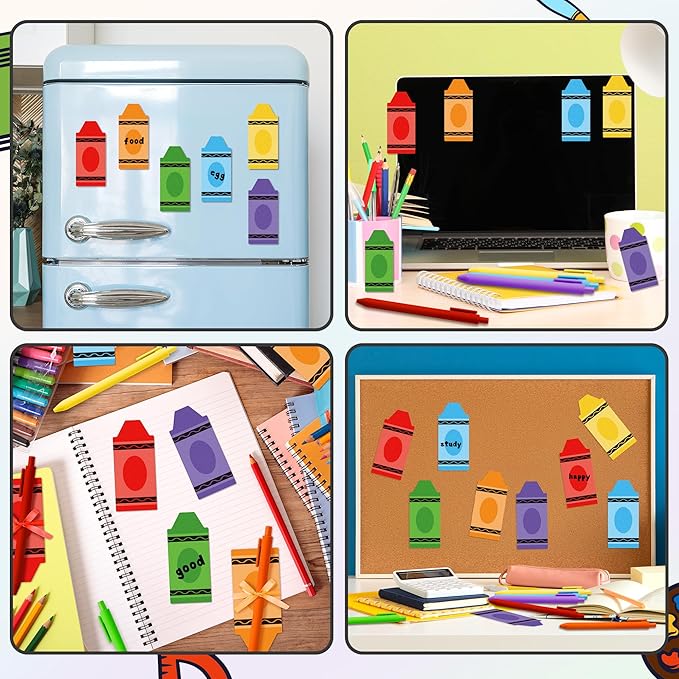 Bright Colors Sticky Notes - 72pcs Cute Crayon-Shaped Super Self Sticky Strong Adhesive Pastel Note Pads Pens Ribbon Set Sticking Power Memo Stick Pads Back to School Supplies Office Products