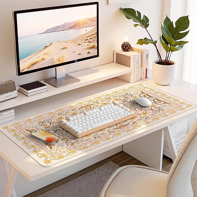 HAOCOO Large Mouse Pad for Desk, Keyboard Mat with Stitched Edge, Floral Desk Mat, Cute Desk Pad Large, Non-Slip Computer Desk Mat for Women Office (Brown)