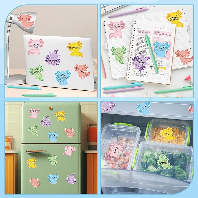 72pcs Cute Axolotl Sticky Notes & Pens & Ribbons Set, Colorful Axolotl Theme Pastel Notepad, Self-Stick Memo Pad for Teacher Birthday Gift Office Classroom Back to School Party Favor Supplies