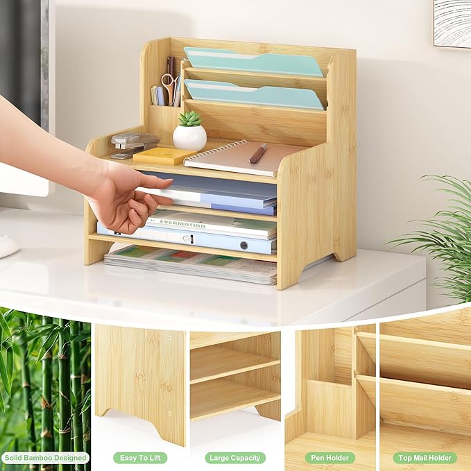 Bamboo Desk Organizer Mail Holder Countertop Letter Tray File Organizer for Desk Letter Sorter Paper File Storage for School Home Office Supplies