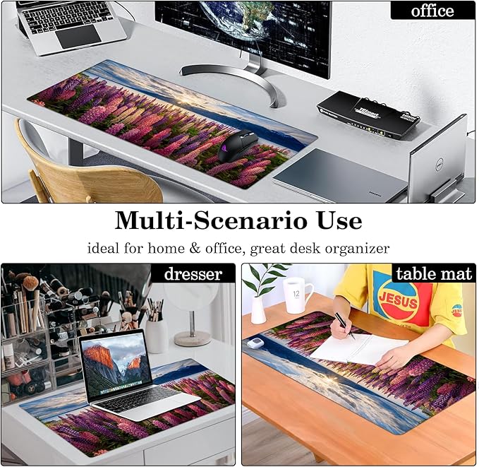 Desk Pad Protector, Mouse Pad, Office Desk Mat, Non-Slip PU Leather Desk Blotter, Laptop Desk Pad, Waterproof Desk Writing Pad for Office and Home (Lupine Flower)