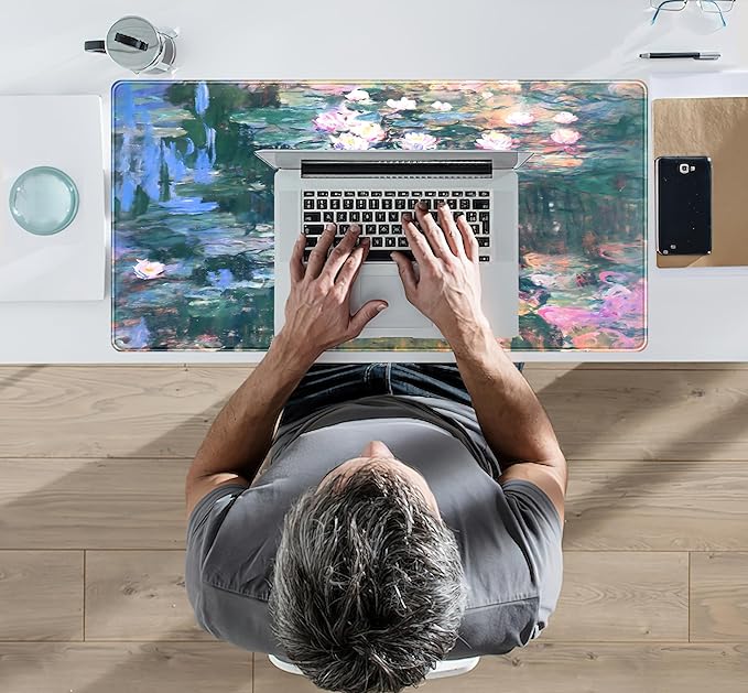 Abstract Oil Painting Mousepad Retro Water Lilies Desk Mat, XXL Large Extended Mouse Pad Gaming, Computer Laptop Keyboard and Mouse Mat, Floral Desk Pad with Stitched Edge, 31.5''x15.7''