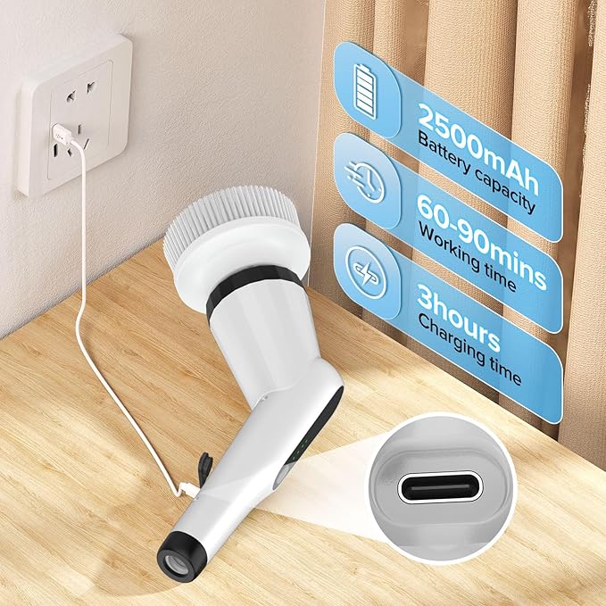 Electric Scrubber Brush, IPX7 Electric Scrubber for Shower, Electric Cleaning Brush Scrubber with 7 Replaceable Brush Heads & Retractable Handle, 2-Speed Adjustable Spin Cleaning Brush
