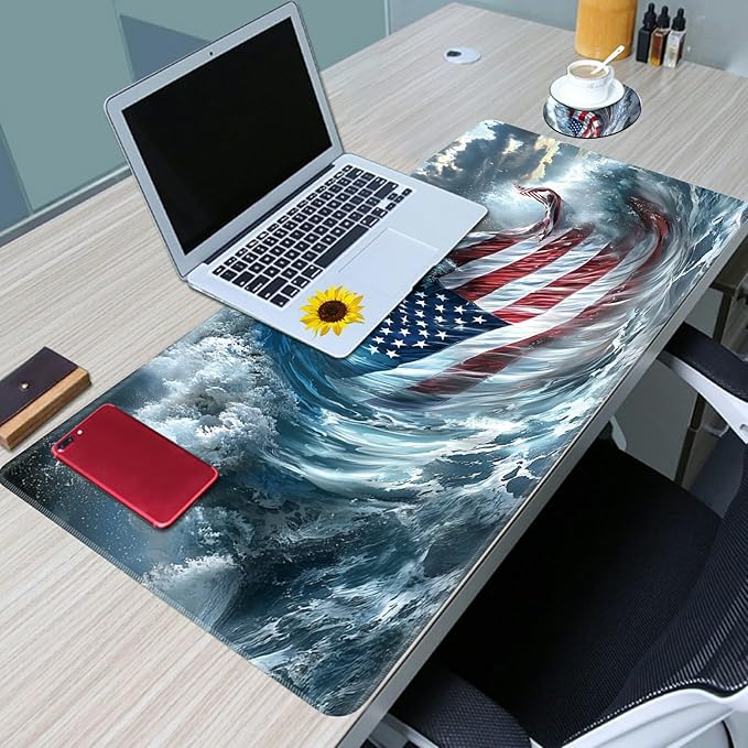 Desk Mat Large Gaming Mouse Pad (31.5x11.8 inch) with Stitched Edges, XL Mouse Pad +Coaster, Extended Mouse Mat Keybroad Mousepad Non-Slip Rubber for Gamer Men Women, Wave American Flag