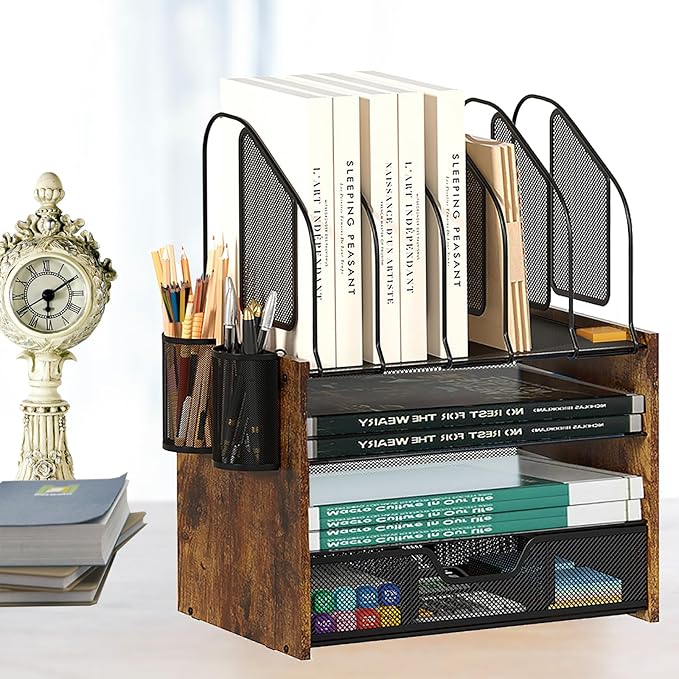 Wood Desk Organizer - 4-Tier Desktop File Organizer with Drawer, Wooden Paper Tray, Vertical File Holders & 2 Pencil Holders - Office Desk Organizer for Papers, Mail, Notebooks, Stationery