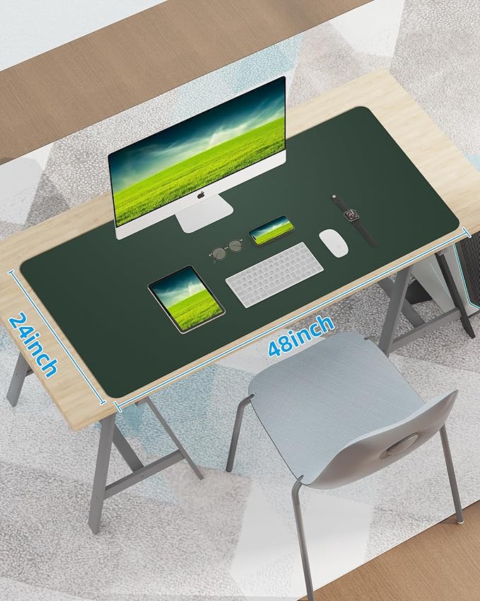 Leather Desk Pad Protector,Mouse Pad,Office Desk Mat, Non-Slip PU Leather Desk Blotter,Large Desk mat,Waterproof Keyboard mat for Office/Home/Decor (Dark Green,48" x 24")