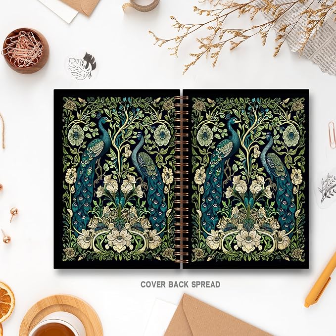 Vintage Floral Peacock Notebook, Retro Moody William Morris Flower Botanical Peacock Journal, Dark Academia Cottagecore Journaling, Rustic Floral Spiral Notebook 5.5x8.3 Inch