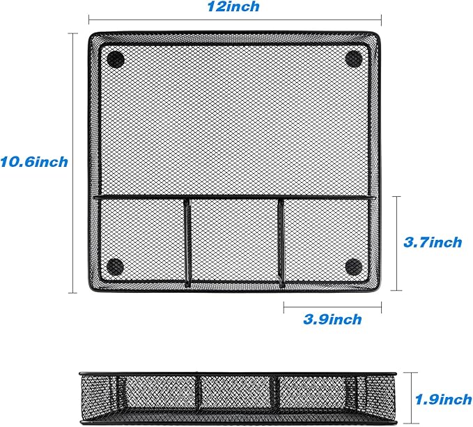 Desk Drawer Organizer Tray, Metal Mesh Drawer Organizers Office, 4 Grid with Adjustable Compartment, Desk Organizer Tray for Home Office 12x10.6x1.9 inch Black, 2 Pack
