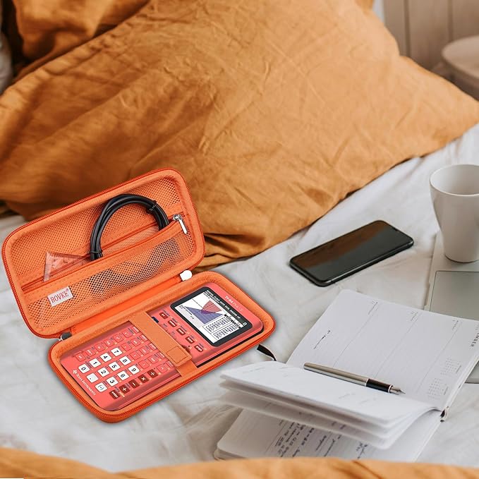 BOVKE Hard Travel Case for Texas Instruments TI-84 Plus CE/TI-84 Plus/TI-83 Plus CE/TI-83 Plus/Casio fx-9750GIII Graphing Calculator, Mesh Pocket for USB Cables, Manual, Pens, Accessories, Orange
