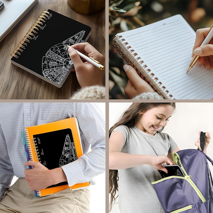 Cute Spiral Notebook journal A5 Aesthetic Pretty Floral Design for Women Girls Kawaii with Pocket, 8.5 x 5.7 inch, Black Gear