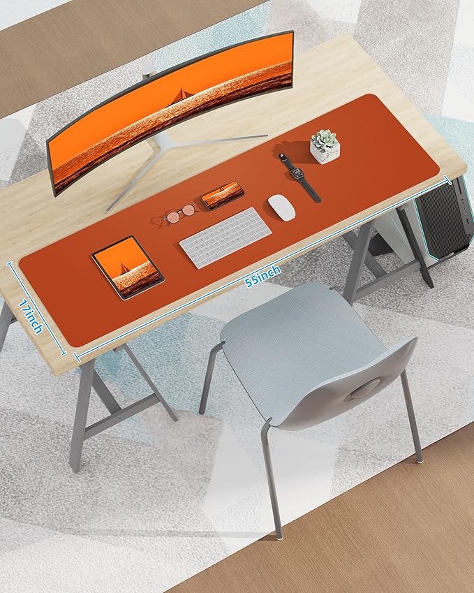 Leather Desk Pad Protector,Mouse Pad,Office Desk Mat, Non-Slip PU Leather Desk Blotter,Large Desk mat,Waterproof Keyboard mat for Office/Home/Decor (Orange,55" x 17")