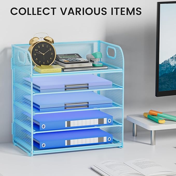 5 Tier Paper Organizer for Desk Organizer with Handle Letter Tray Mesh Paper Sorter Desk Organizer for Office Home Supplies-Blue