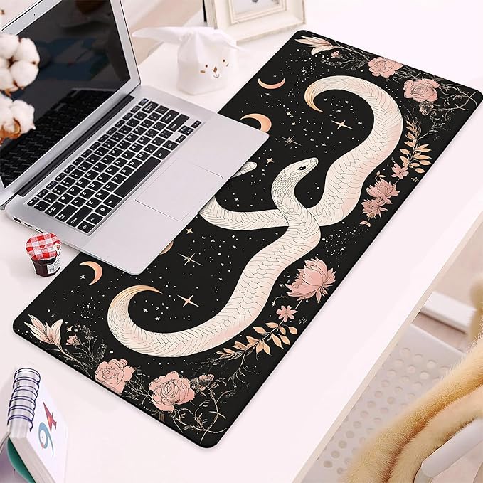 Gaming Mouse Pad, White Snake and Starry Moon Flower Large Desk Mat for Keyboard and Mouse,Non-Slip Rubber Base and Stitched Edges Desk Pad for Home Office 35.4x15.7in