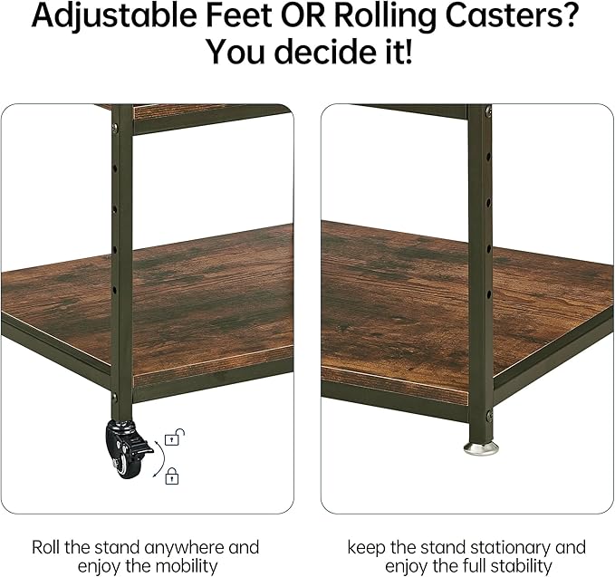 Large Printer Stand with Adjustable Storage Shelf, 3 Tier Printer Cart with Wheels for Home Office Organization, Rolling Table Stand for Heat Press Mini Fridge, Industrial Style