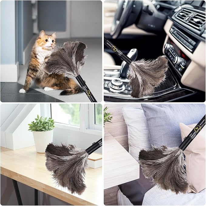 Aldwin Ostrich Feather Duster Retractable 2 Pack,16 inch Genuine Fluffy Natural Handheld Feather Dusters for Cleaning Supplies, Washable,Car, Office, Desk