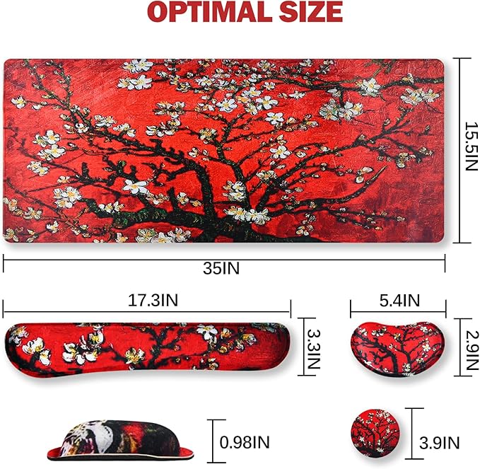 ARTSO Large Gaming Mouse Pad, Keyboard Wrist Rest Pad & Wrist Support Mousepad Set, Stitched Edge, Extended, Non-Slip Base, Memory Foam Desk Mat 4pcs for Office & Home, Red Van Gogh Painting