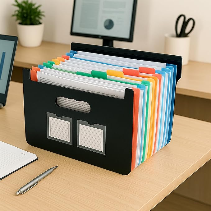 Accordion File Organizer, 2 Pack Secure Closure Expanding File Folder with 25 Pockets, Blank Labels and Colorful Inner Page, Large Waterproof Quick Access Folder Organizer for A4/Letter Size, Black