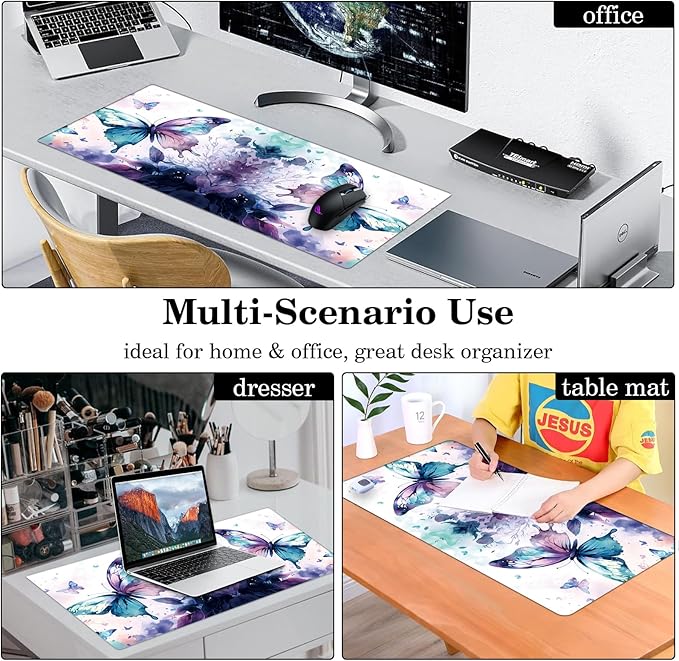 Butterfly Desk Pad Protector, Stitched Edges Mouse Pad, Large Office Desk Mat, Non-Slip Desk Blotter, Laptop Desk Pad, Desk Writing Pad for Office and Home (XXL)