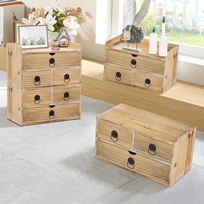 Washed White Wood Desk Organizer, Mini Desktop Organizer with Drawers, Tabletop Storage Organization for Home Office Supplies Vanity, No Assembly Required (3 Drawer and Shelf)