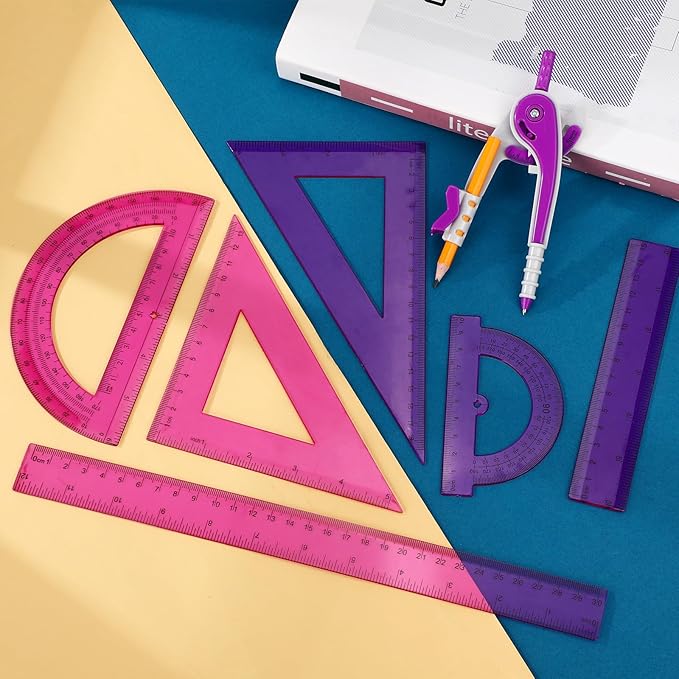 Zonon 1 Set Plastic Geometry Math Set 7 Pcs Includes 6'' / 4 '' Protractor, Drawing Compass, 45/60 Degree Triangle Rulers, 12'' / 6'' Math Ruler Transparent for Office Supplies(Purple)