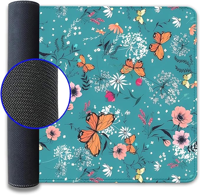 Colorful Butterflies and Flowers Extended Desk Pad Mouse Pad,Stitched Edges Non-Slip Rubber Base XL Mouse Mat Desk Mat for Office Home Work Blue Mousepad(27.5X11.8 Inch)