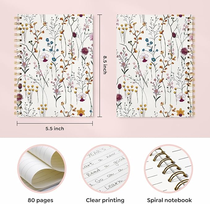 Floral Journal Notebooks, Flower Pretty College Ruled Notebooks for Note Taking, Cottagecore Botanical Floral Journal Journaling, Spiral Notebook 5.5x8.3