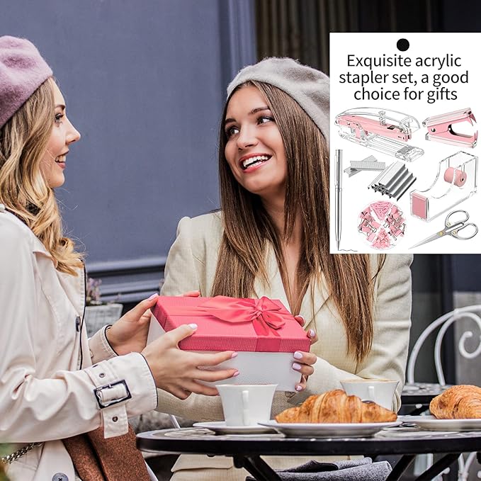 Office Supplies Set Desk Accessory Kit, Acrylic Stapler Set Staple Remover, Tape Dispenser, Binder Clips, Paper Clips, Ballpoint Pen and Scissor with 1000 Pieces 26/6 Staples (Pink)