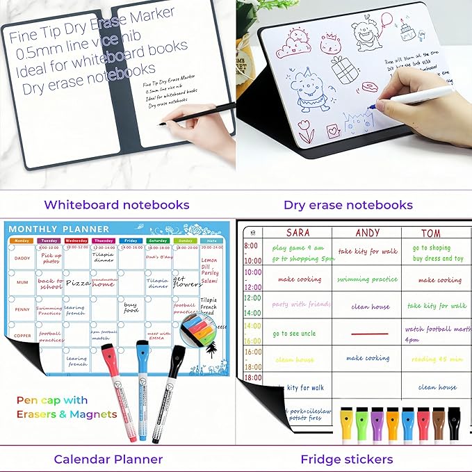 Black Dry Erase Markers Fine Tip,0.5mm Ultra Fine Dry Erase Markers,10pcs Whiteboard Markers,with Magnetic Eraser,Small Font Writing for Calendar Notebook Note Pad (Black)