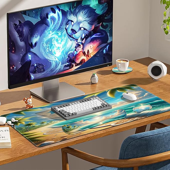 Large Mouse Pad and Keyboard Wrist Rest, Extended Mouse Pad with Wrist Support Ergonomic, Non-Slip Desk Mat, Desk Protector Blotter for Home Office, Sunny Beach