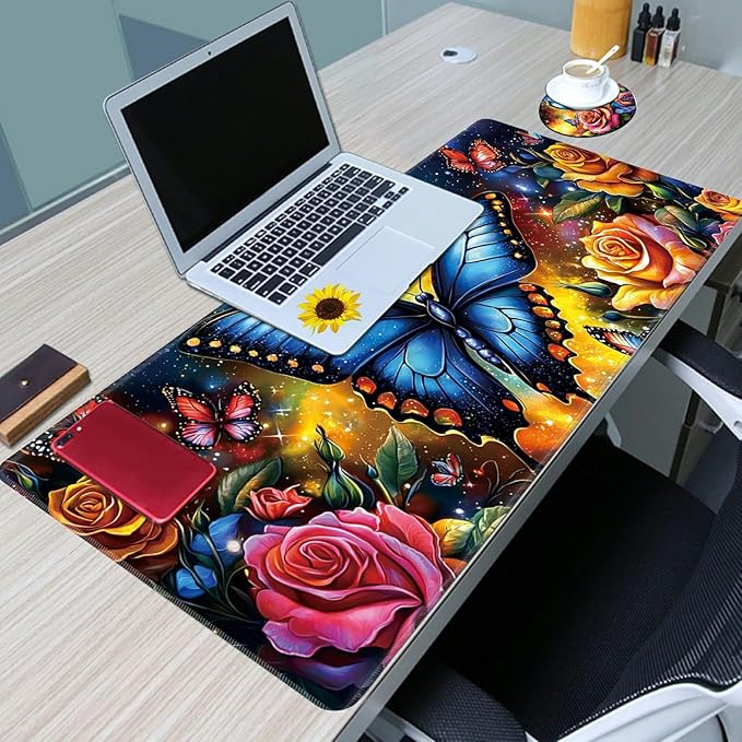 Desk Mat Large Gaming Mouse Pad (31.5x11.8 inch) with Stitched Edges, XL Mouse Pad +Coaster, Extended Mouse Mat Keybroad Mousepad Non-Slip Rubber for Gamer Men Women, Butterfly Color Roses
