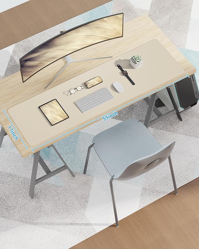AFIING Leather Desk Pad Protector, Mouse Pad, Office Desk Mat, Non-Slip PU Leather Desk Blotter, Large Desk Mat, Waterproof Keyboard Mat for Office/Home/Decor (Beige, 55" x 17")