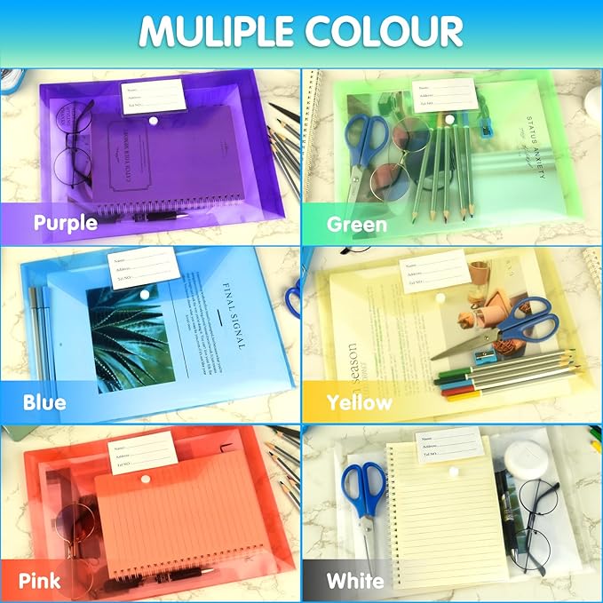 NACHLYNN 48pcs Plastic Envelopes Plastic Folders with Snap Closure, 6 Colors A4 Size Clear File Envelopes with Label Documents Folders Organizers for Home Work Office Organization