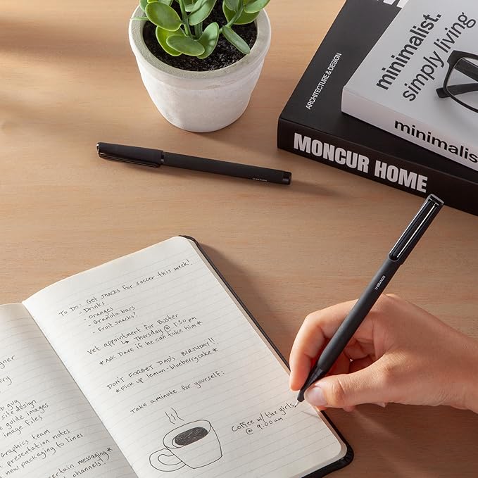 U Brands Catalina Felt Tip Pens, Pen Set of 6 Black Ink Pens, Soft Touch Midnight Black, Medium (0.7 mm) Point