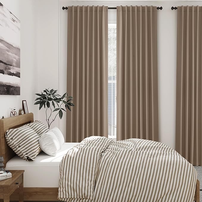 Blackout Tan Linen Curtains 96 Inches Long Back Tab Heat Reflective Full Light Block Out Curtains 2 Panels for Bedroom Windows Textured Long Draperies with Liner Floor to Ceiling Length 8 Ft 52x96