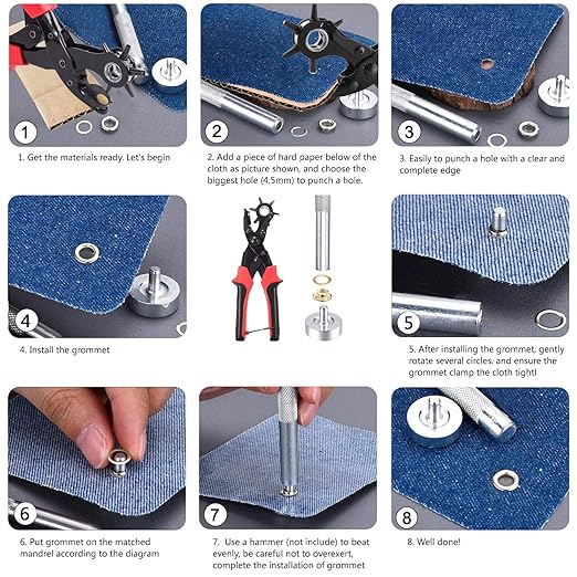 Leather Hole Punch Tool for Belt - Multi Hole Sizes Puncher for Belts, Watch Bands, Straps, Dog Collars, Saddles, Shoes, Fabric, DIY Home or Craft Projects - with 5/32" Grommet Eyelet Kit 100 Sets