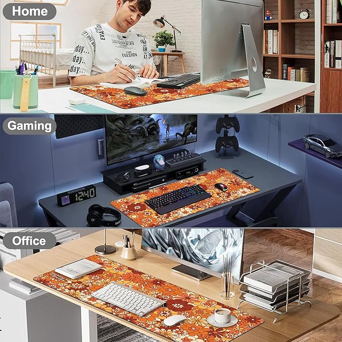 Mouse Pad, Large Retro Boho Hippie Flower Desk Mat, Extended Non-Slip Gaming Keyboard Mousepad Desk Pad, Thick Stitched Edges Waterproof Mouse Mat 31.5"x15.7" (Vintage Groovy Floral)