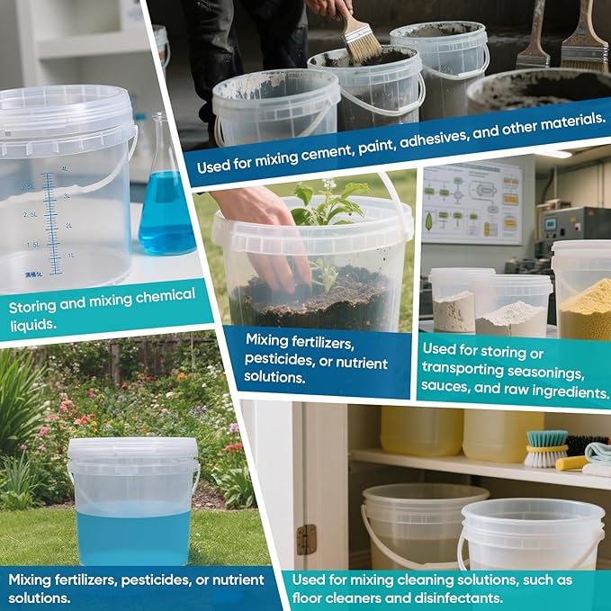 ASEVAT 32oz 2 Pack Clear Bucket Graduated Pail Container with Lid, Food Grade Buckets, Cleaning Containers Plastic Pails Extra Durable Handles with Grip for Easy Carrying