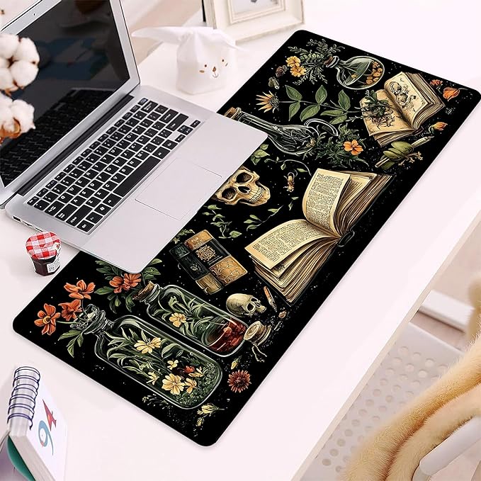Gaming Mouse Pad, Dark Academy Green Plant Skull Large Desk Mat for Keyboard and Mouse,Non-Slip Rubber Base and Stitched Edges Desk Pad for Home Office 35.4x15.7in