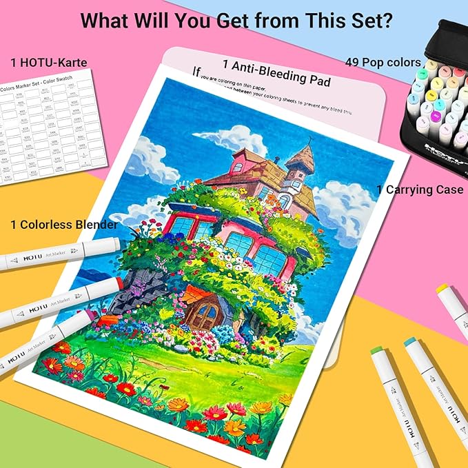 Alcohol Markers Brush Tip - 50 Colors Dual Tip Markers, Brush & Fine Alcohol-based Art Marker Set for Kids Adults Coloring Illustration, Alcohol Sketch Pens with Carrying Case, Non-Bleeding Pad