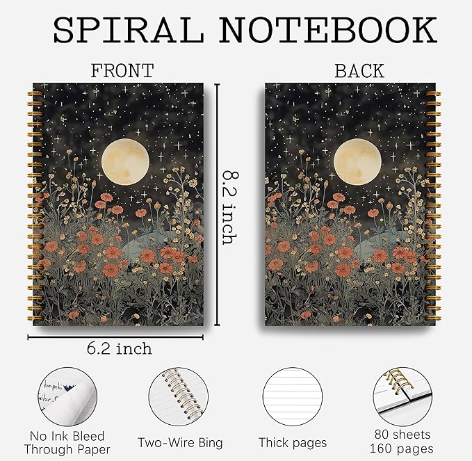 Vintage Witch Notebook Journal - Moon Notebook Journal 5.5×8.3, Floral Witch Gifts, Gothic Spiral Journal Notebook, 164 Pages, Spiral Witch Journal, Journals for Writing with Sun's and Moons